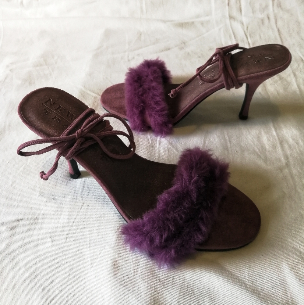 Purple faux fur lace up heels